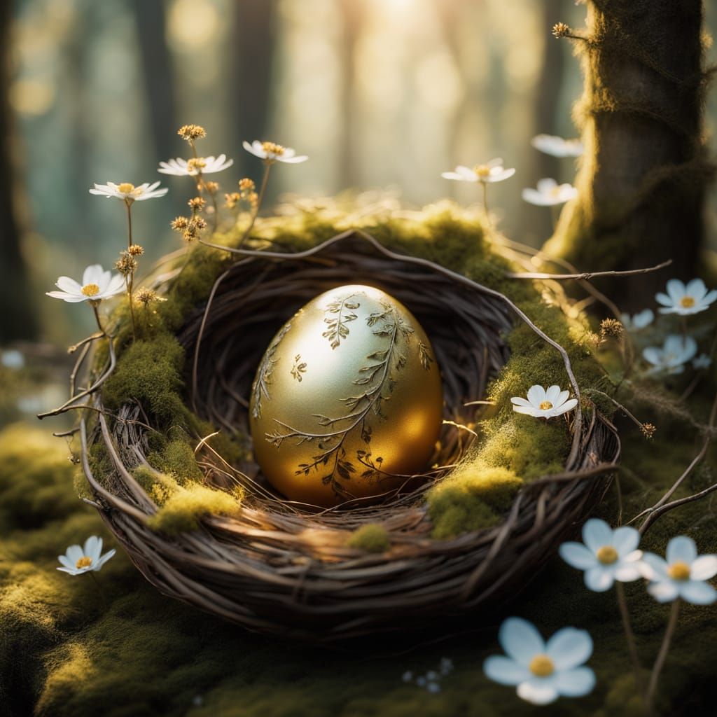 A glowing golden egg nestled in a soft, natural nest made of moss, twigs, and feathers. Sunlight filters gently through ...