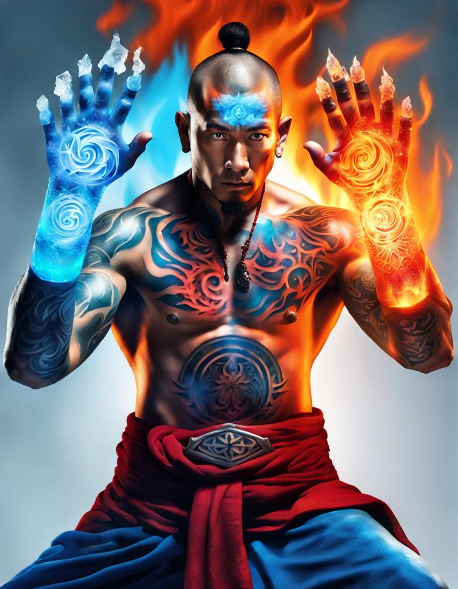 Tibetan Monk with Fire and Ice Tattoos