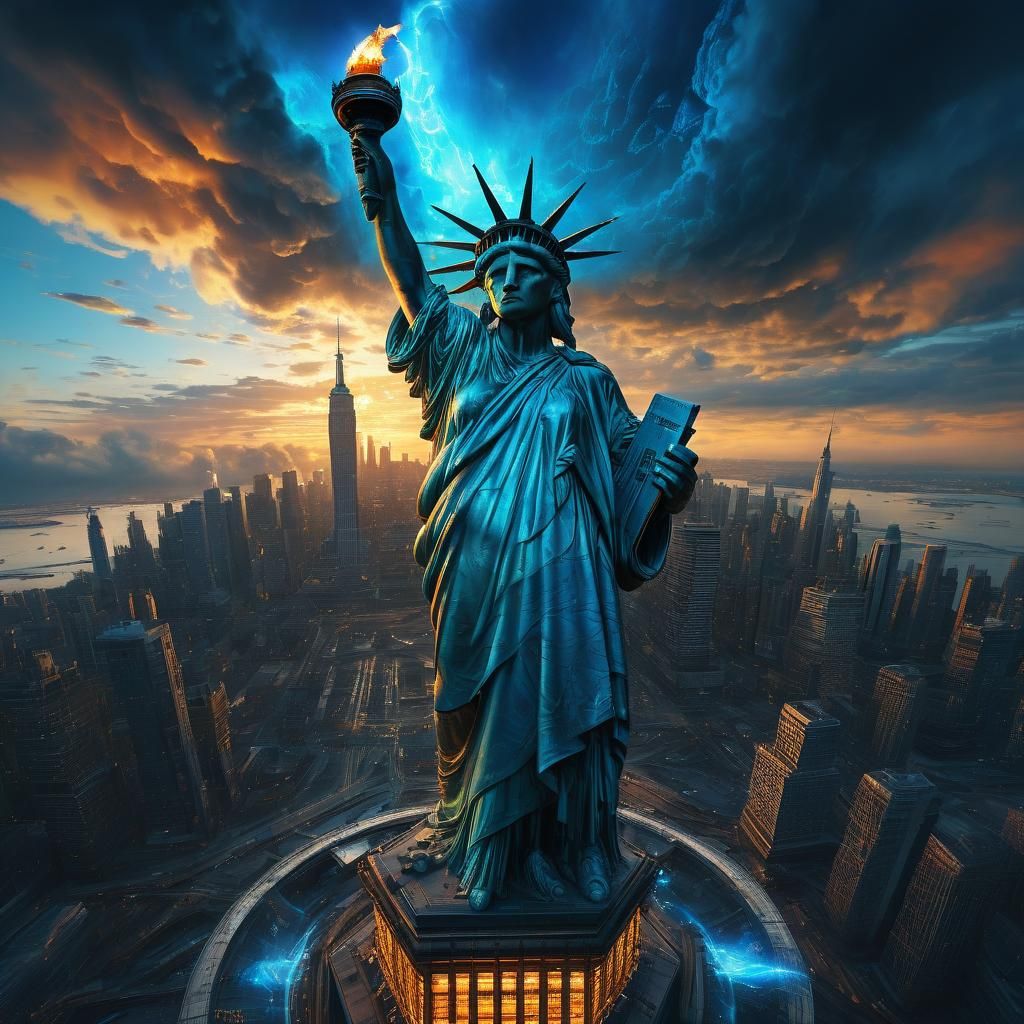Futuristic Statue of Liberty in Electric Storm