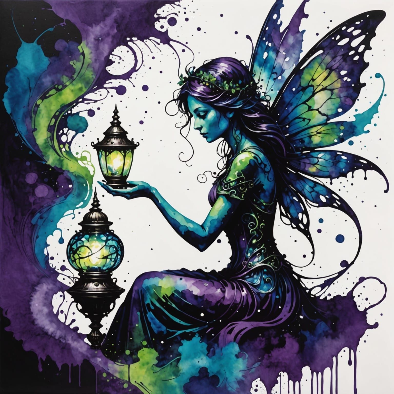 Fairy Gazing at Magical Lamp in Ink Splatter Art