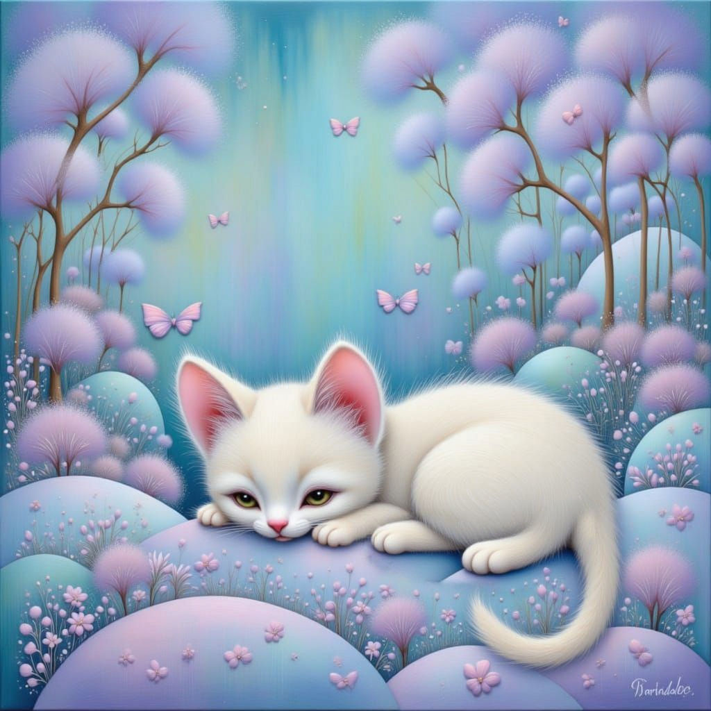 Whimsical Airbrushed Feline in Dreamy Blue Lavender Hues