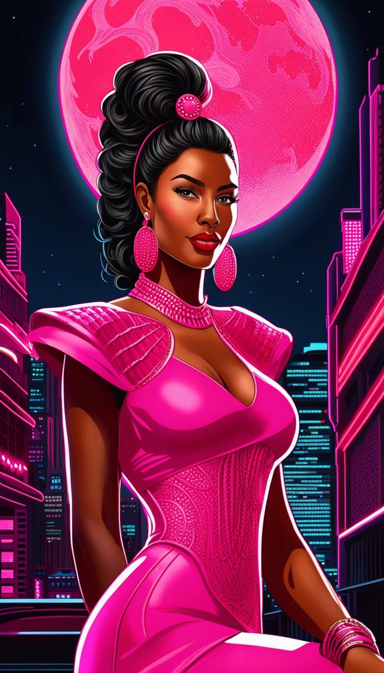 Lady in Creole Cinderella Attire Under a Neon Pink Moon