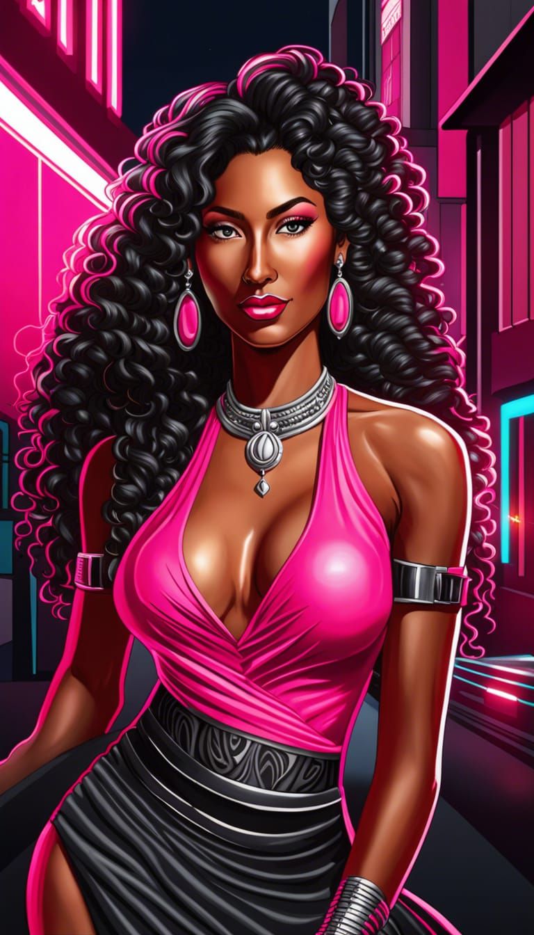 Creole Cinderella Portrait Under Neon Moon in Cyberpunk Styl...