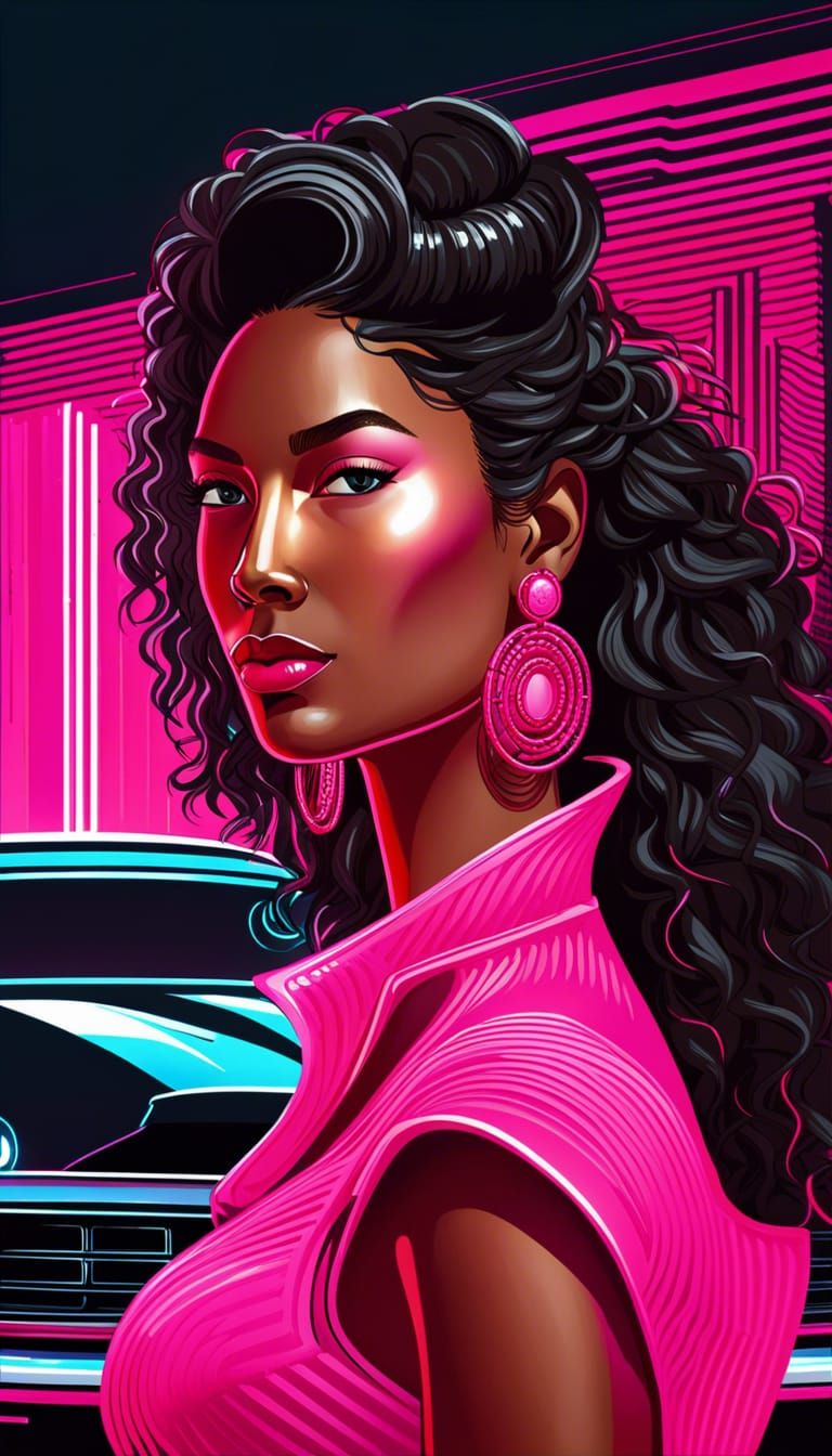 Creole Woman Under Neon Moon: Cyberpunk Ink Portrait