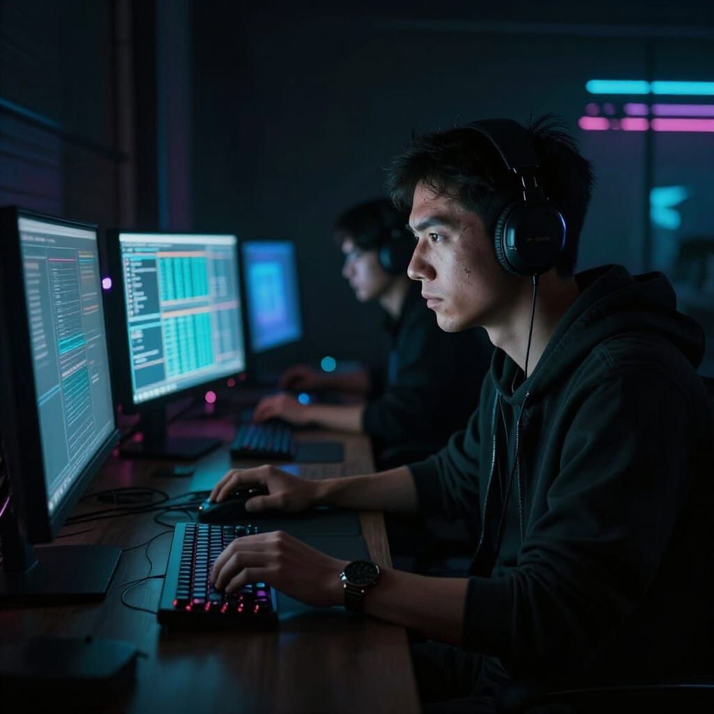 Programmer in Neon Glow Amidst Deep Shadows