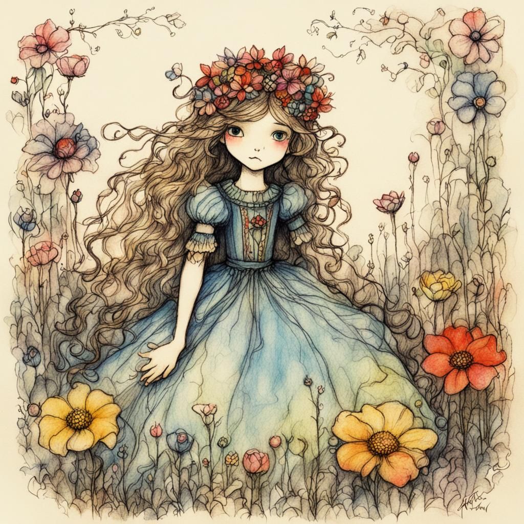 Colorful Crayon Princess in Garden, Arthur Rackham Style