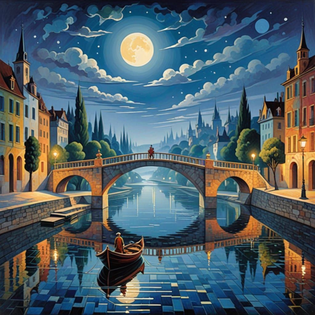 Moonlit Loire Bridge in Cubist Style