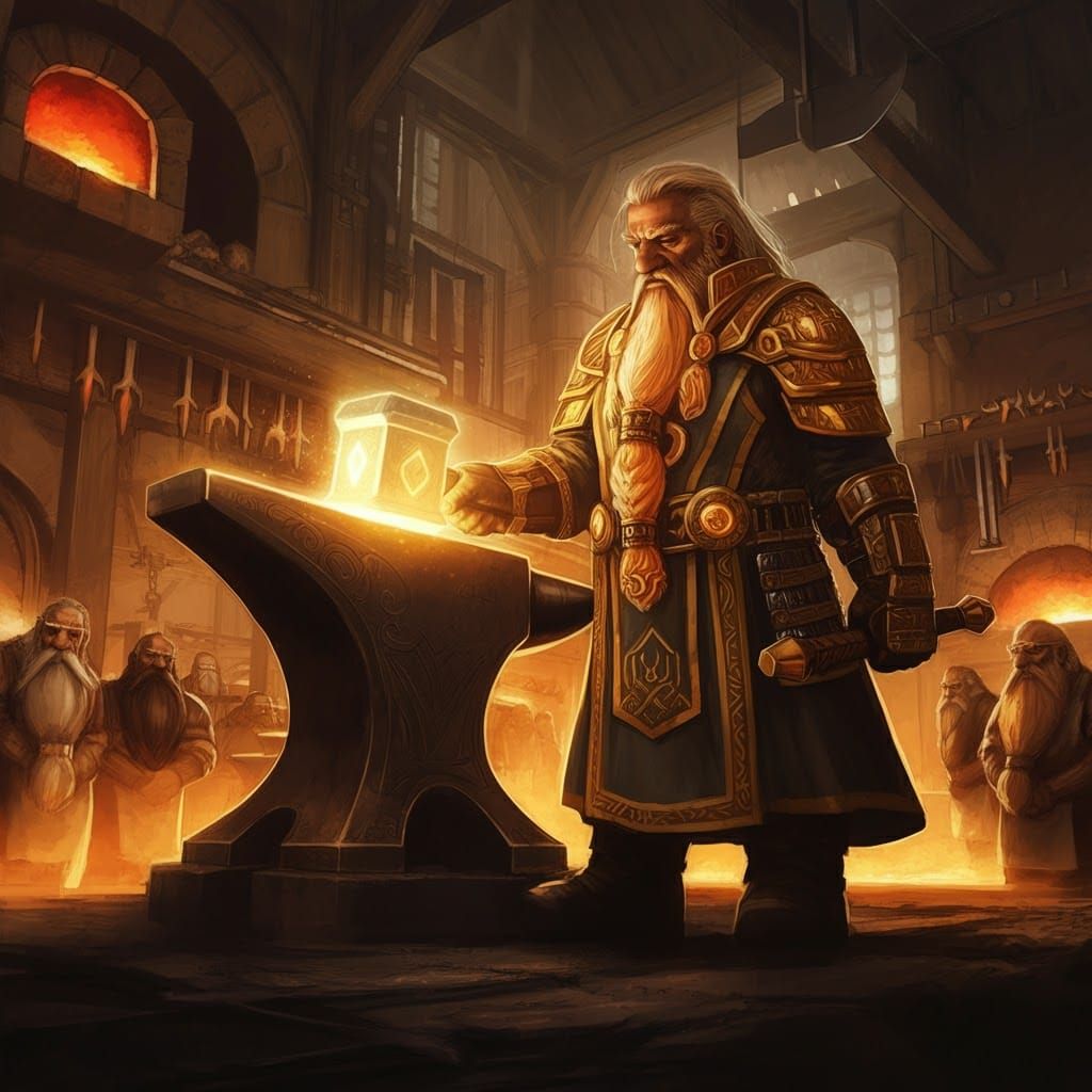 Durgandor Stonecarver, Cleric of Moradin, blessing an anvil in a smithy, while the smiths look on in reverence.