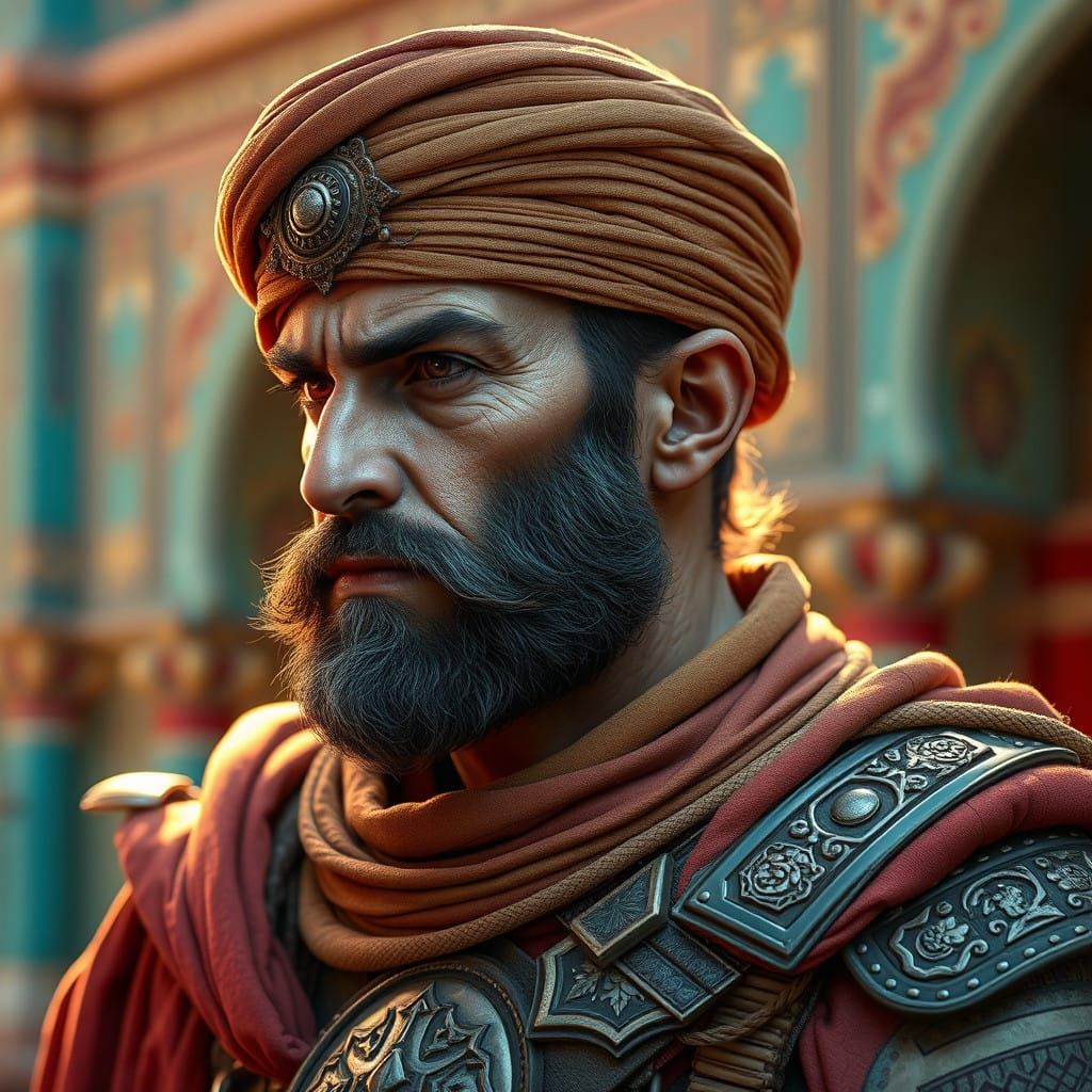 Stoic Islamic Warrior in Earth-Toned Armor
