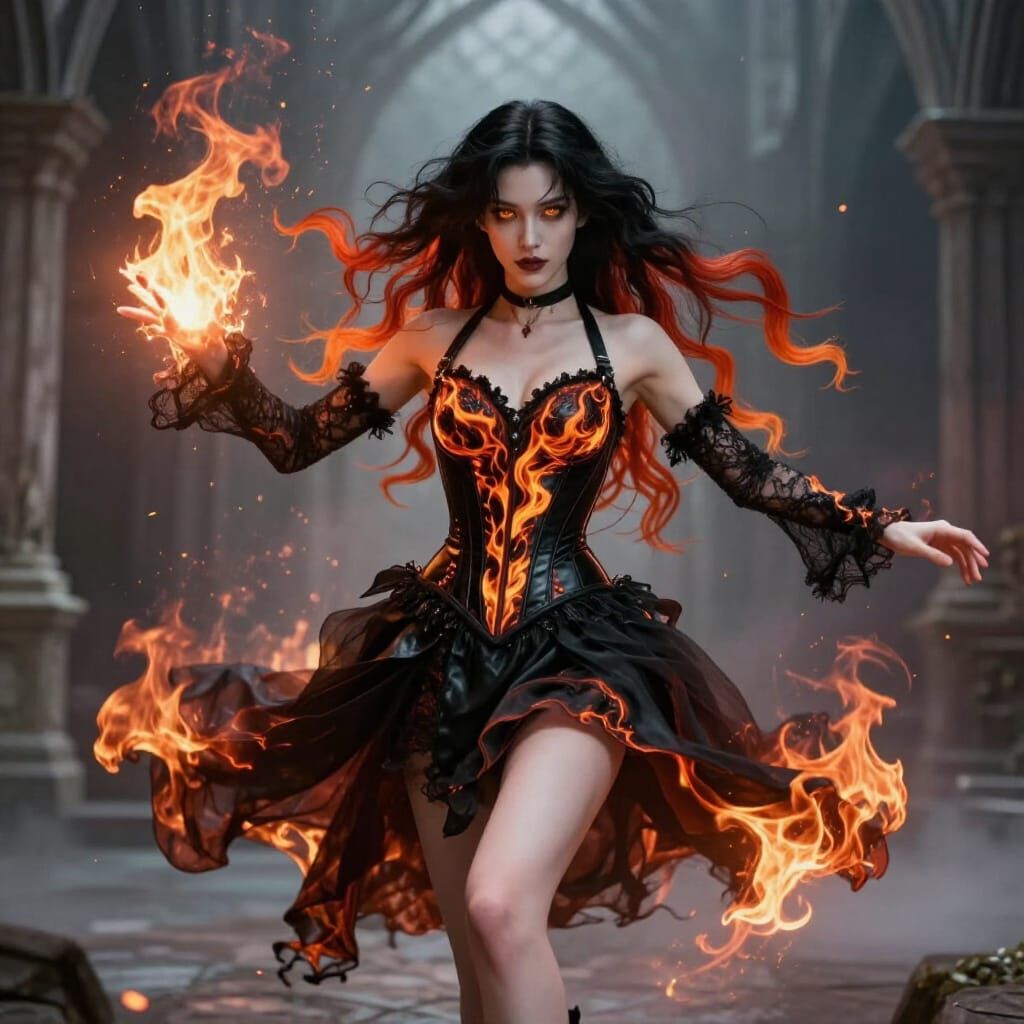Fiery Witch Casting Spell in Gothic Courtyard