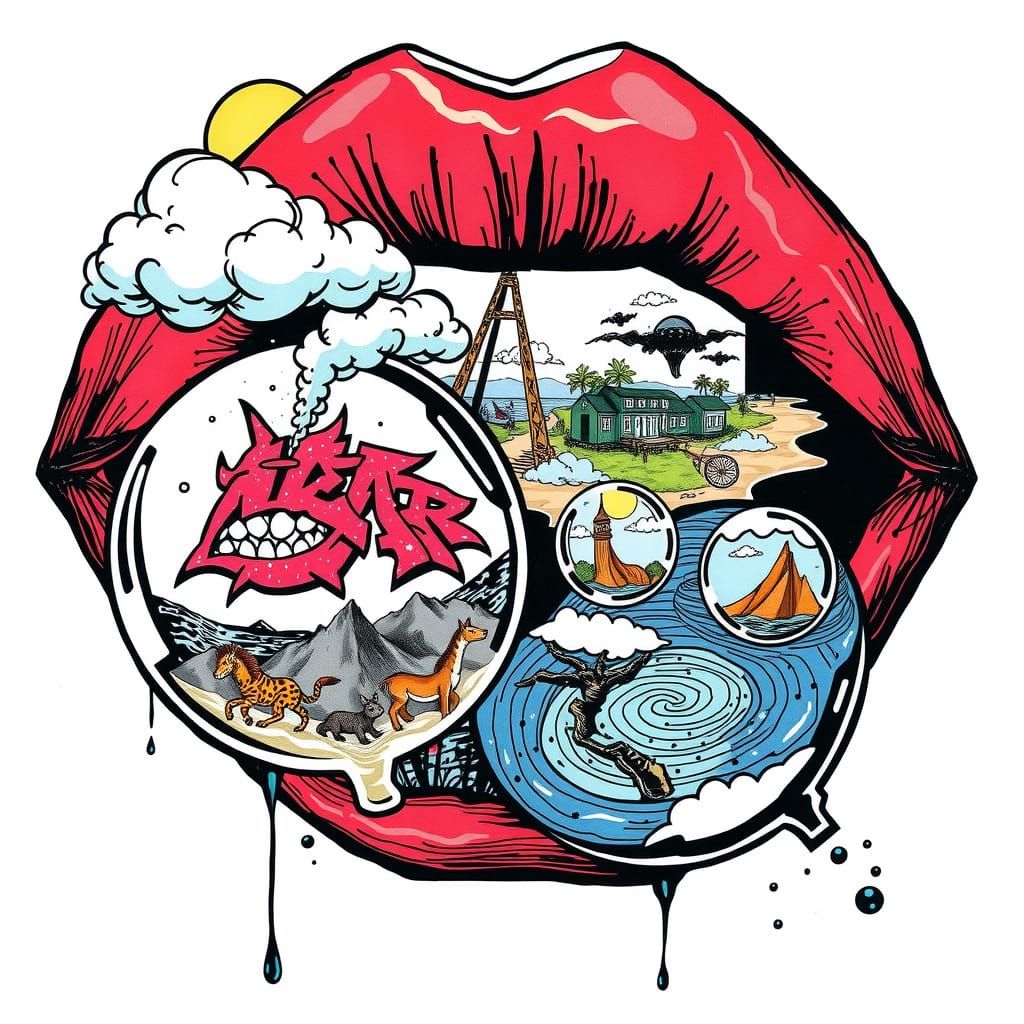 Surreal Lips Blowing Bubble Worlds: Collage Graphic