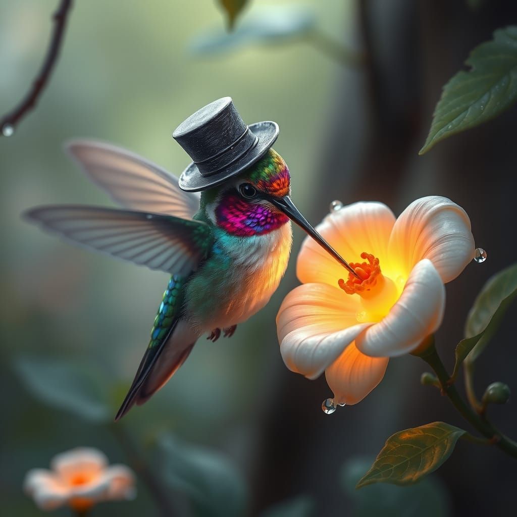 Whimsical Hummingbird in Enchanted Garden