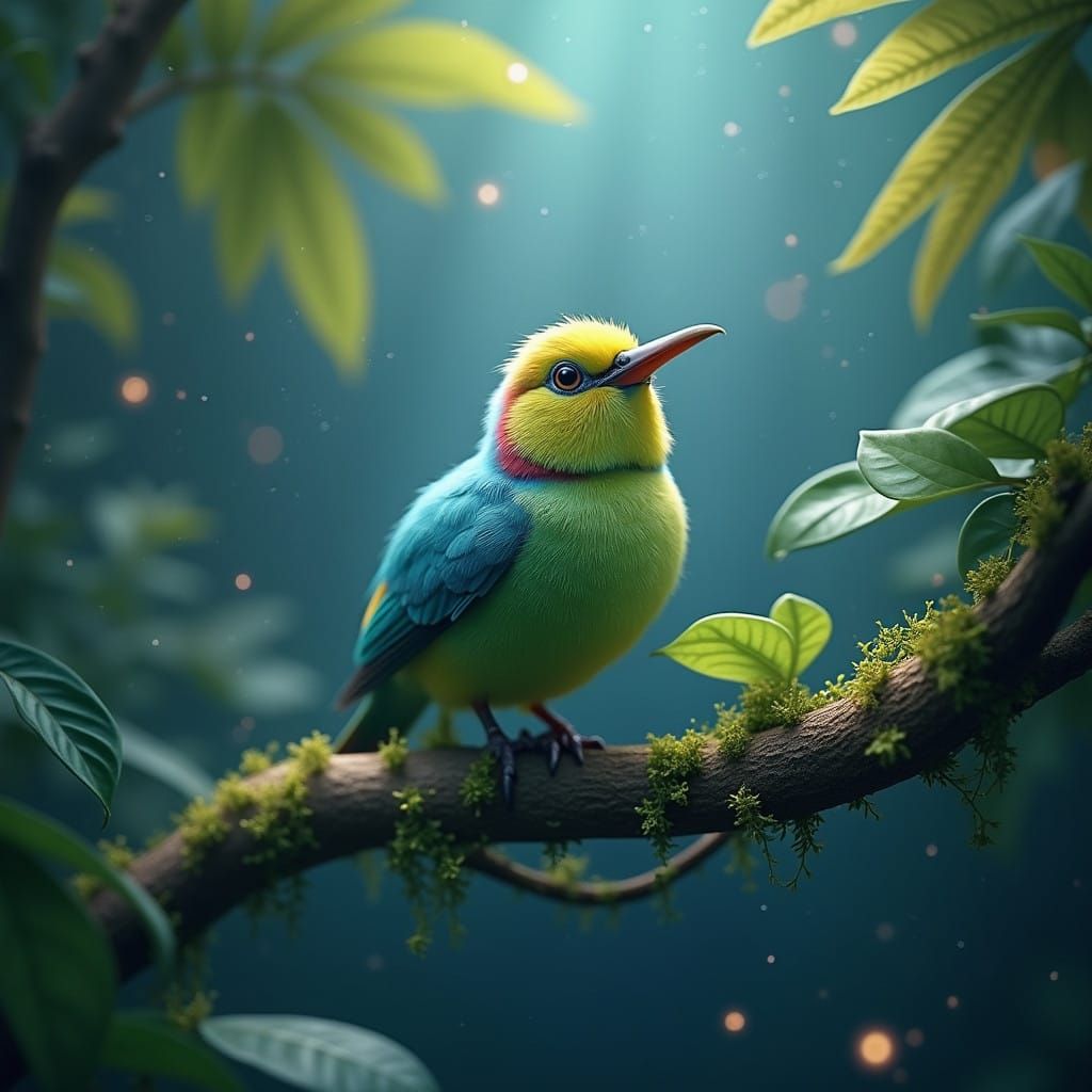 Mythical Kiwi Bird Amidst Enchanted Foliage in Soft Golden L...