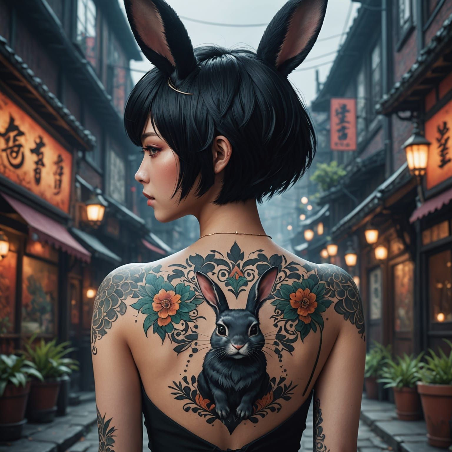 Anime Woman with Rabbit Tattoo in Detailed Digital Art