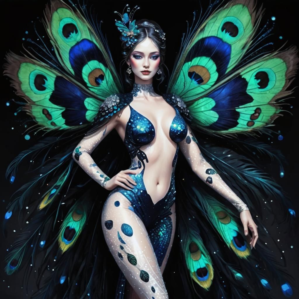 Butterfly Woman with Peacock Feathers in Holographic Style