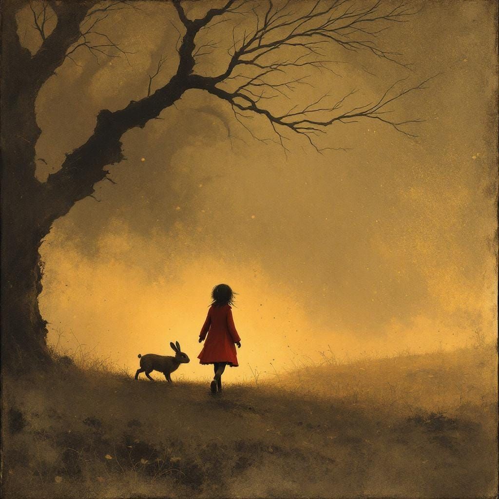 Child and Rabbit in Sepia, Storybook Illustration