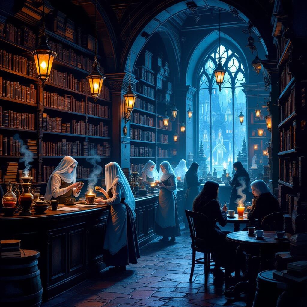 Mystical Café with Ghosts and Spellbooks