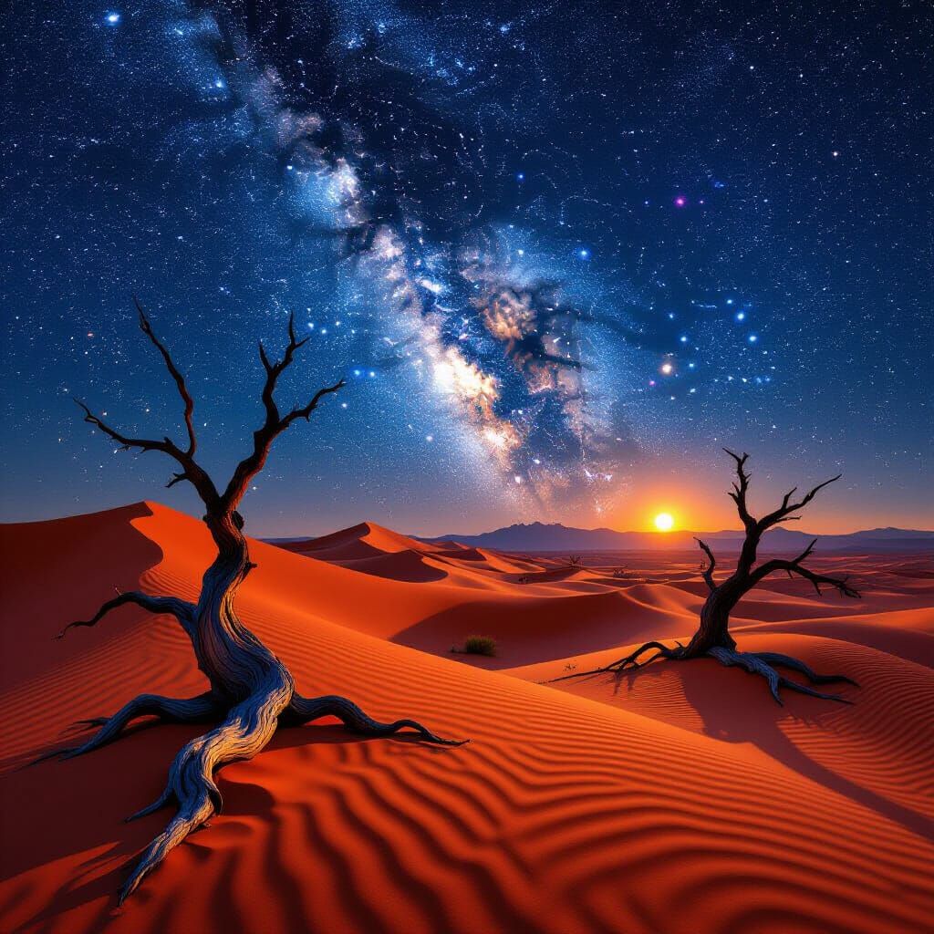 Cosmic Desert Landscape with Petrified Trees