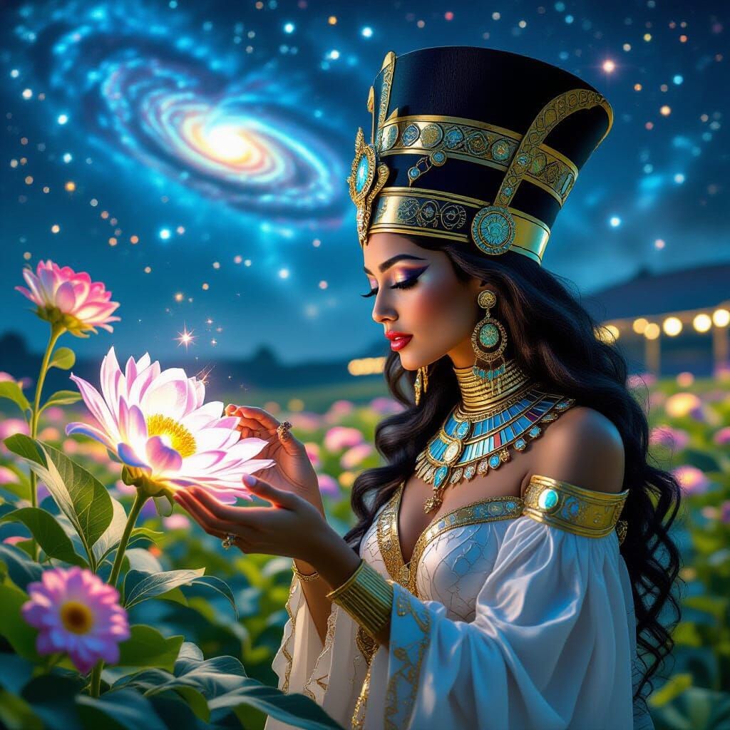 Egyptian Queen with Bioluminescent Flower in Surrealist Styl...