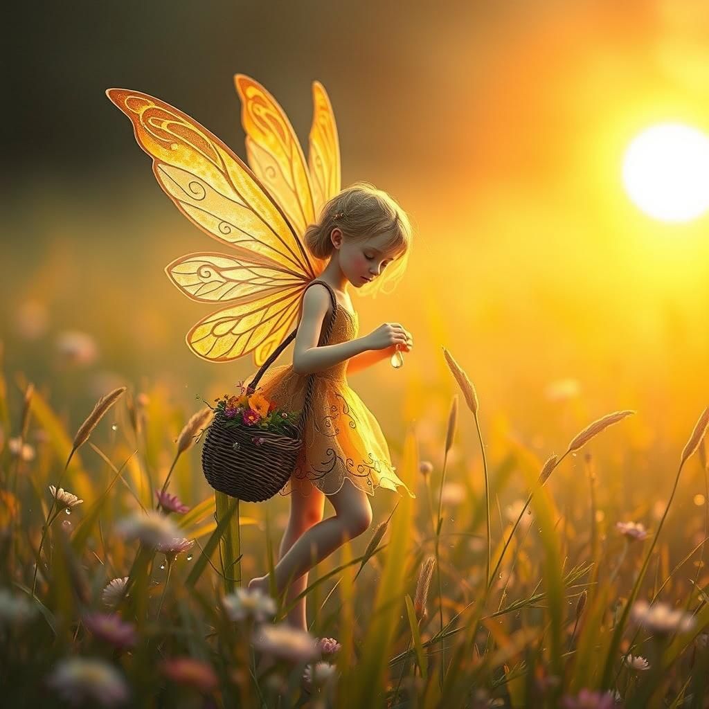 A petite, ethereal fairy with delicate, porcelain skin and hair as bright as spun gold, wears a flowing, diaphanous gown...