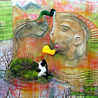 Cat Kissing Duck in Garden Scene