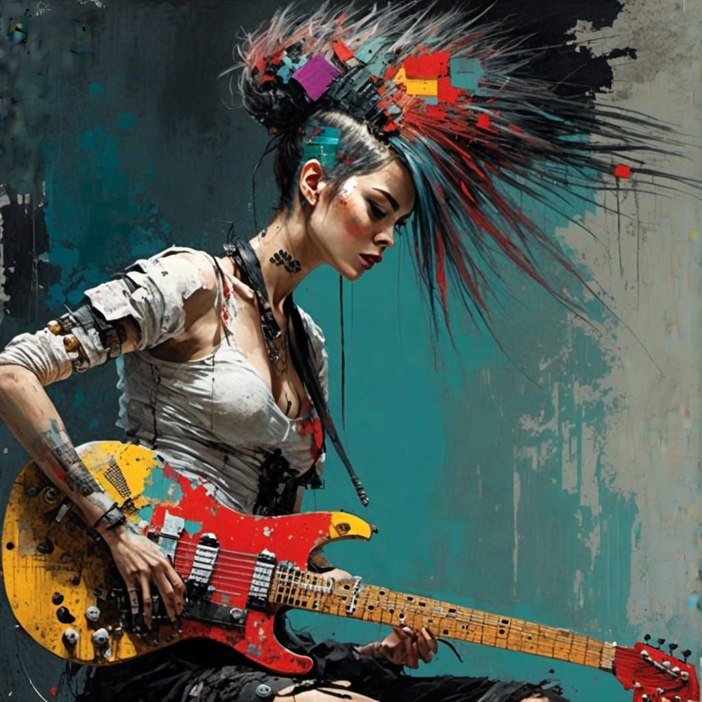 Punk Rock Cyborg Guitarist in Glitch Art Style