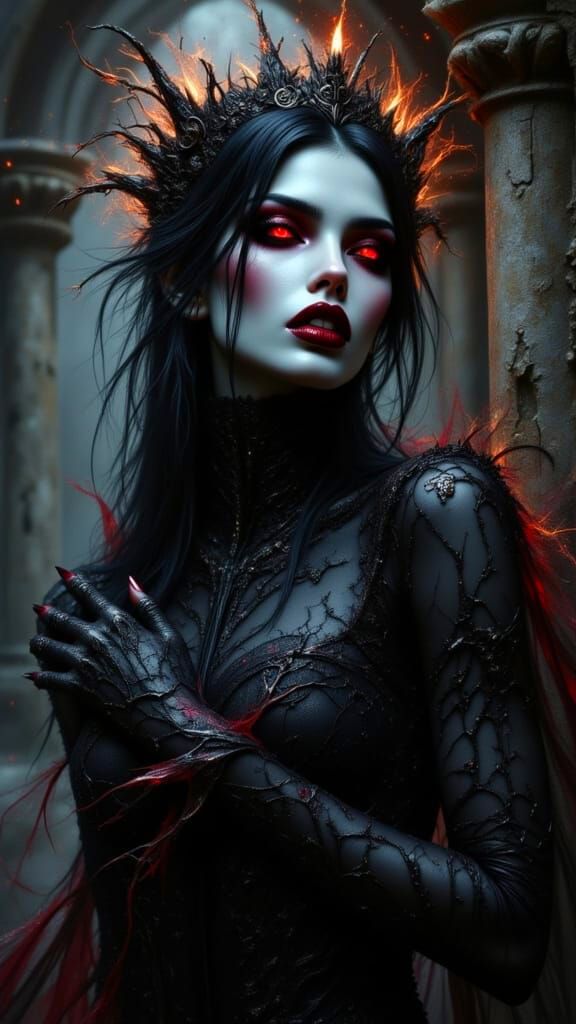 Dark Fantasy Vampiress in Gothic Cathedral Ruins
