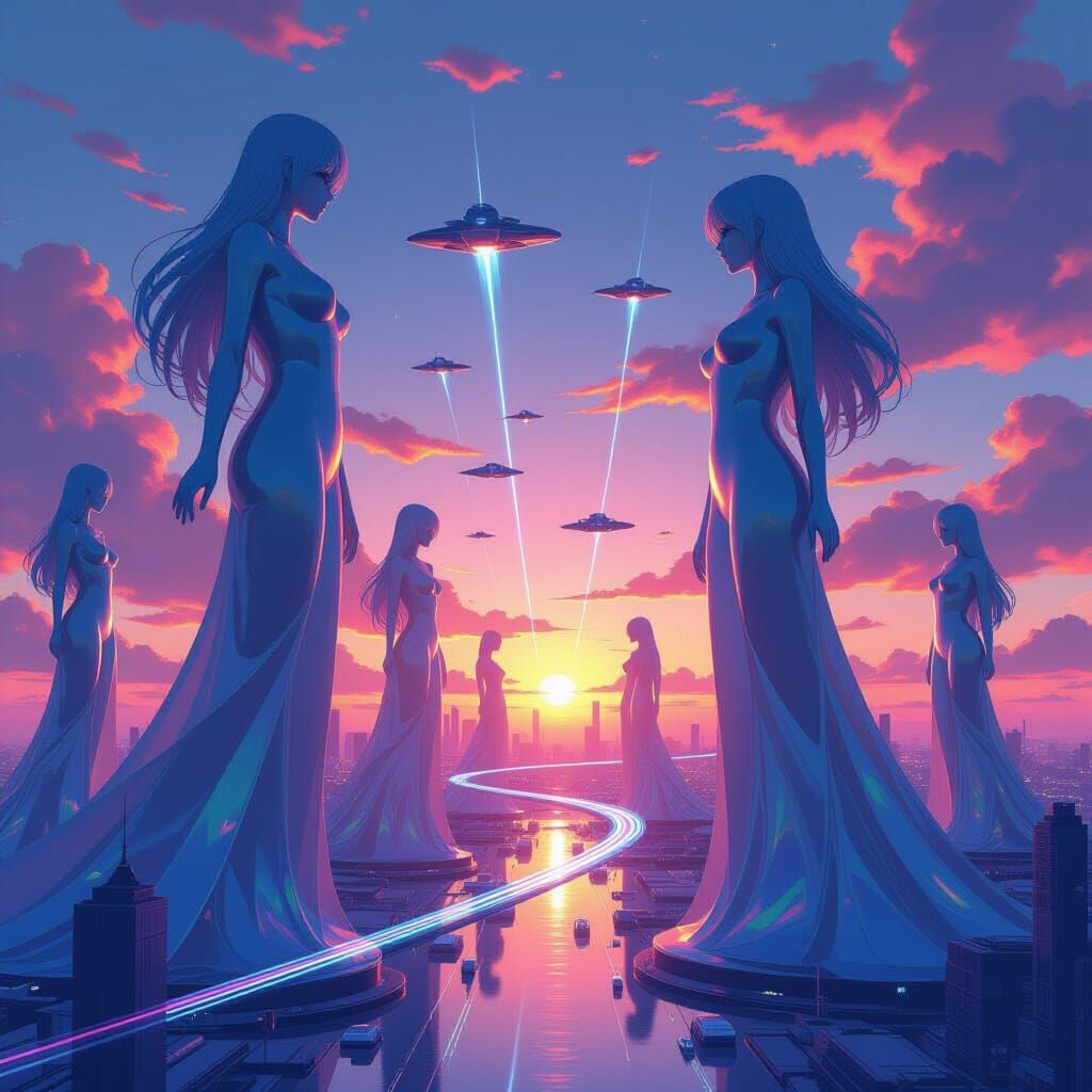 Futuristic Cityscape with Anime Statues in Binary Sunset