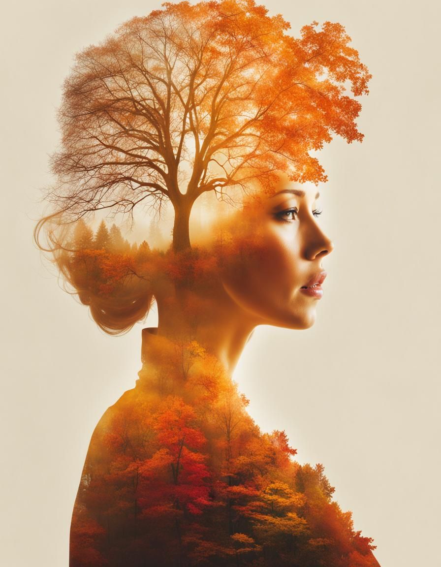 Double Exposure: Woman and Autumn Tree
