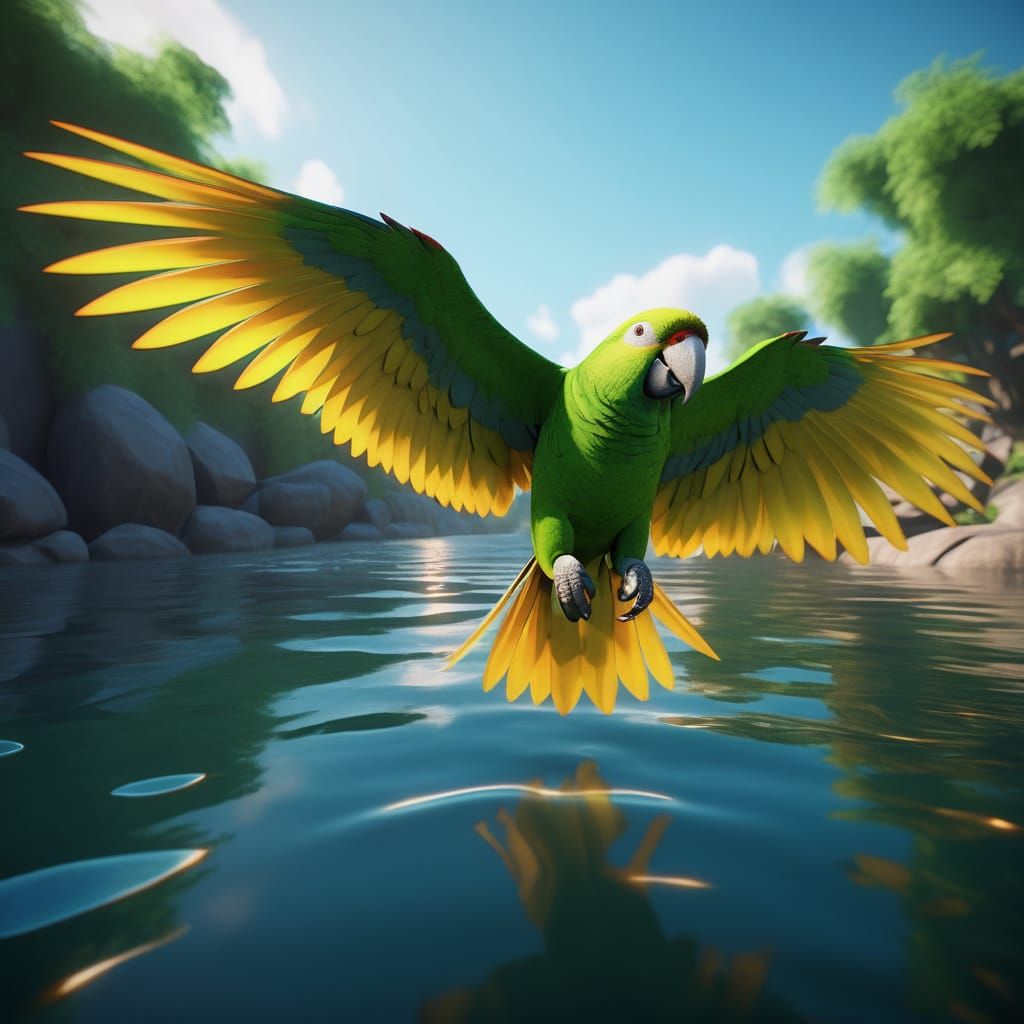 Majestic Bright Green Parrot Soars Over Serene River at Sunr...