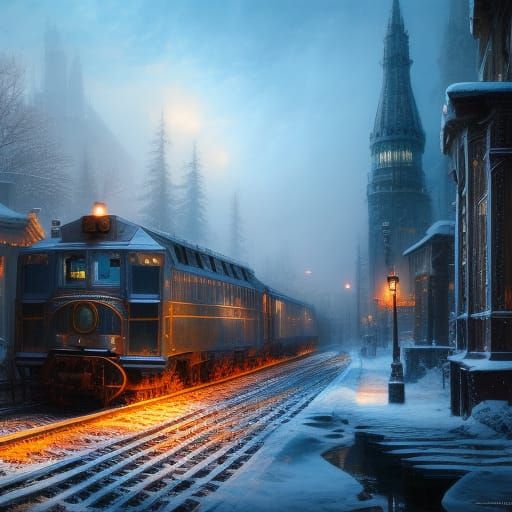 Snowy City Train in Hyperrealistic Detail