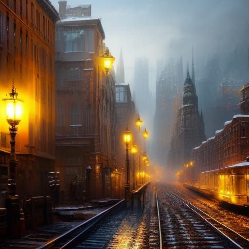 Hyperrealistic Snow City Train at Night