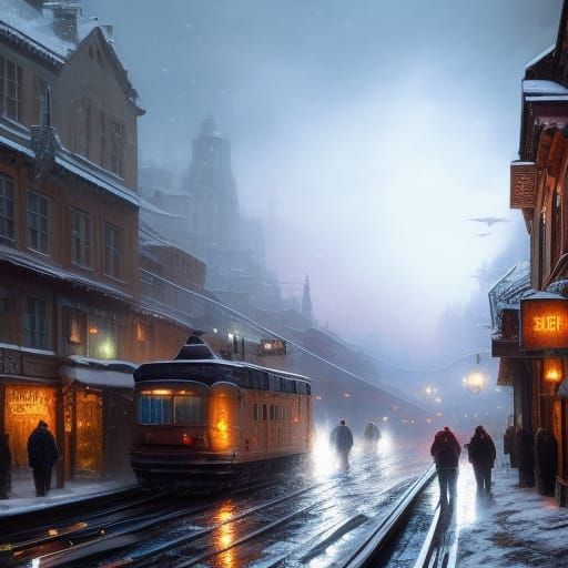Snowy City Train in Hyperrealistic Detail