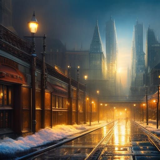 Snowy City Train at Night: Hyperrealistic Digital Art