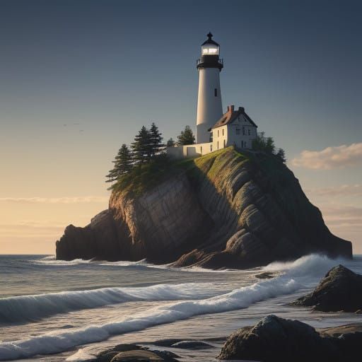 Weathered Lighthouse Guardian in Serene Maritime Landscape