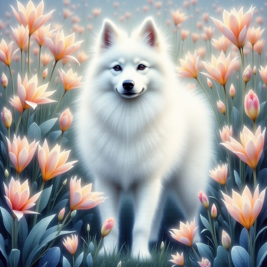 Majestic White Japanese Spitz in Dreamy Enchantment