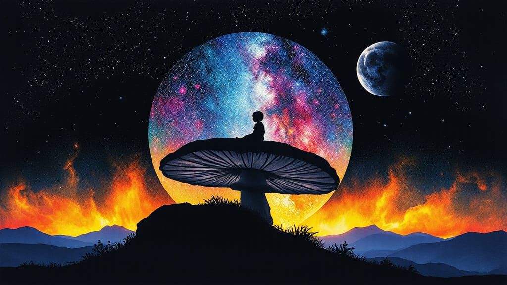 Cosmic Mushroom Landscape Double Exposure Illustration
