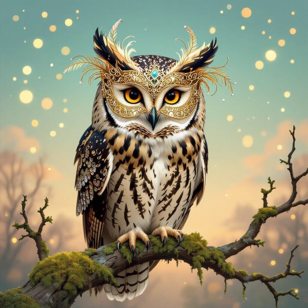 Regal Owl in Masquerade Mask at Twilight