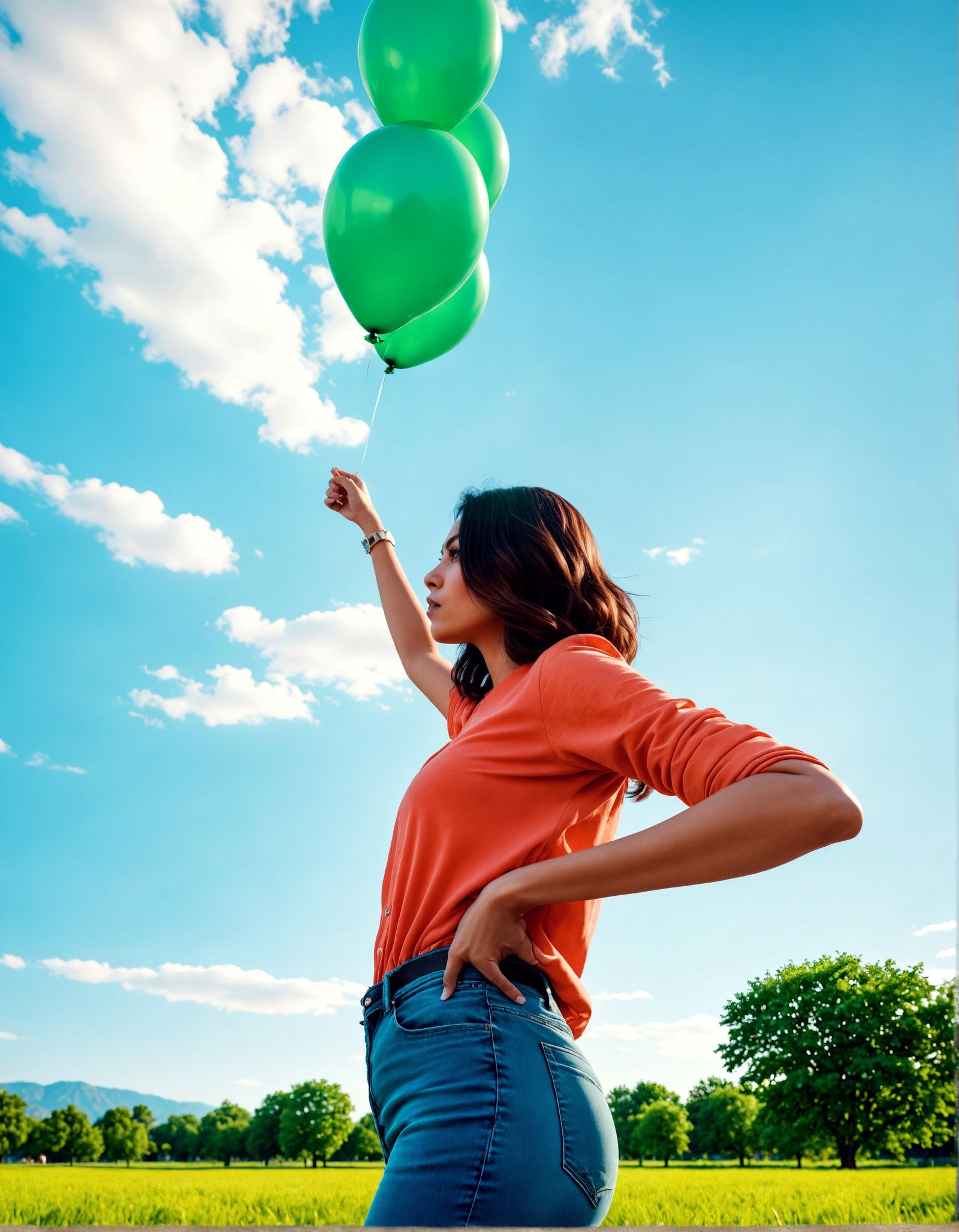 Woman with Green Balloons: Hyperrealistic Photography