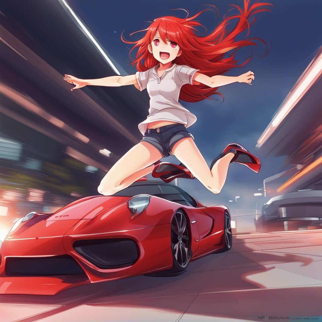 Anime Girl's Joyful Jump Next to Supercar