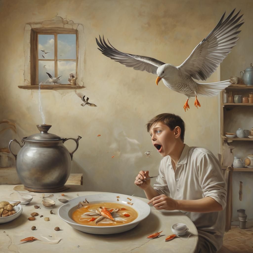 Surreal Boy Eating Goldfish Soup Painting
