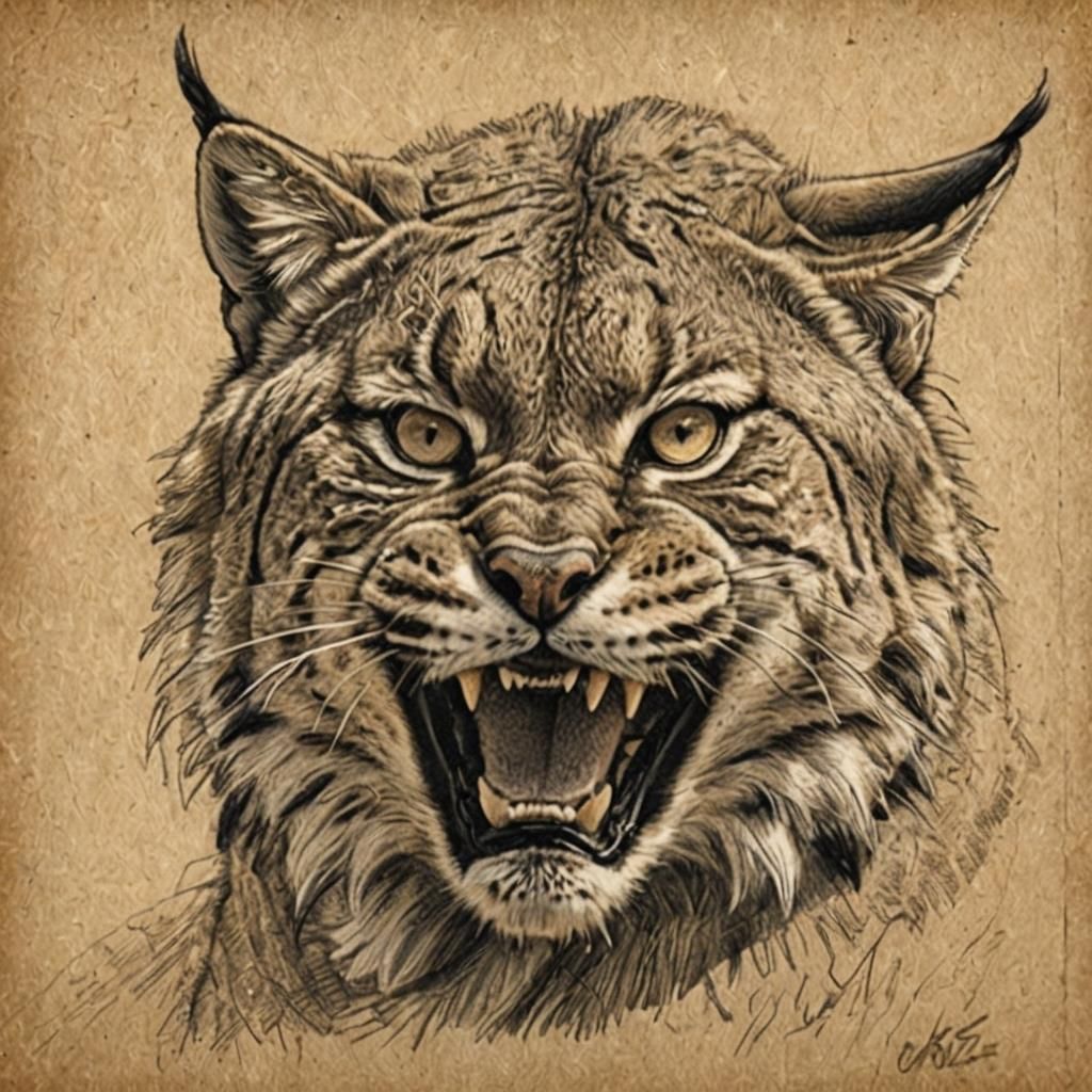 Detailed Sketch of a Snarling Bobcat
