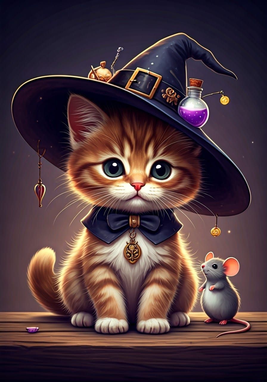 Kitten Witch with Mouse Familiar