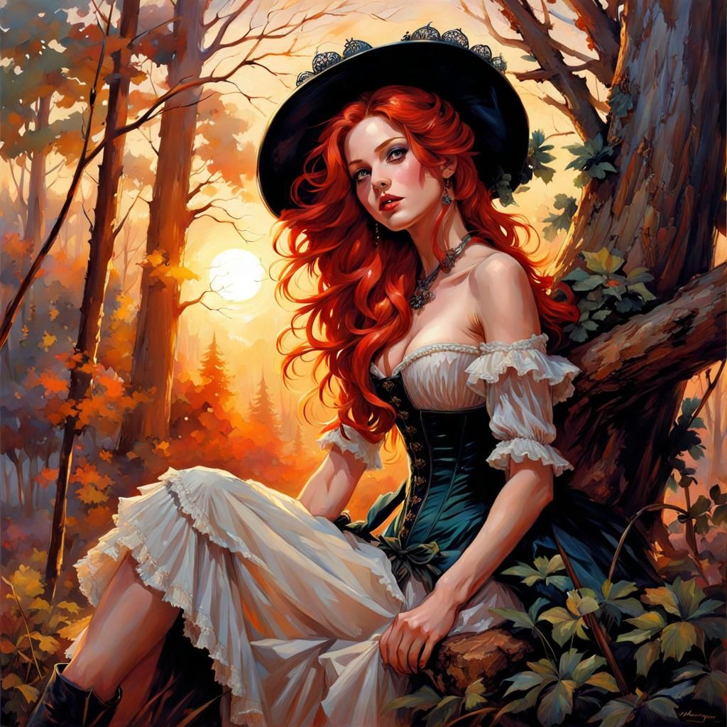 Victorian Girl in Forest at Sunset, Ink Art