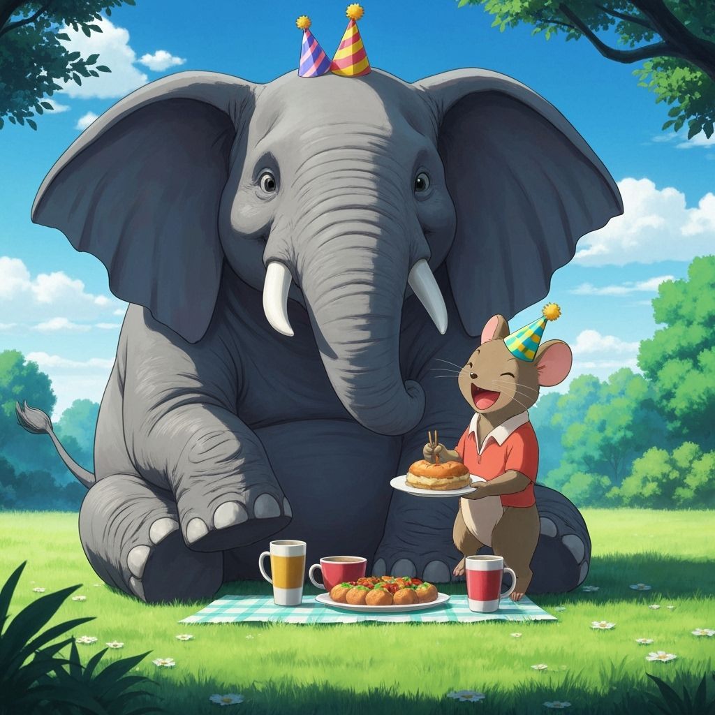 Gigantic Elephant and Tiny Mouse Party in Anime Style