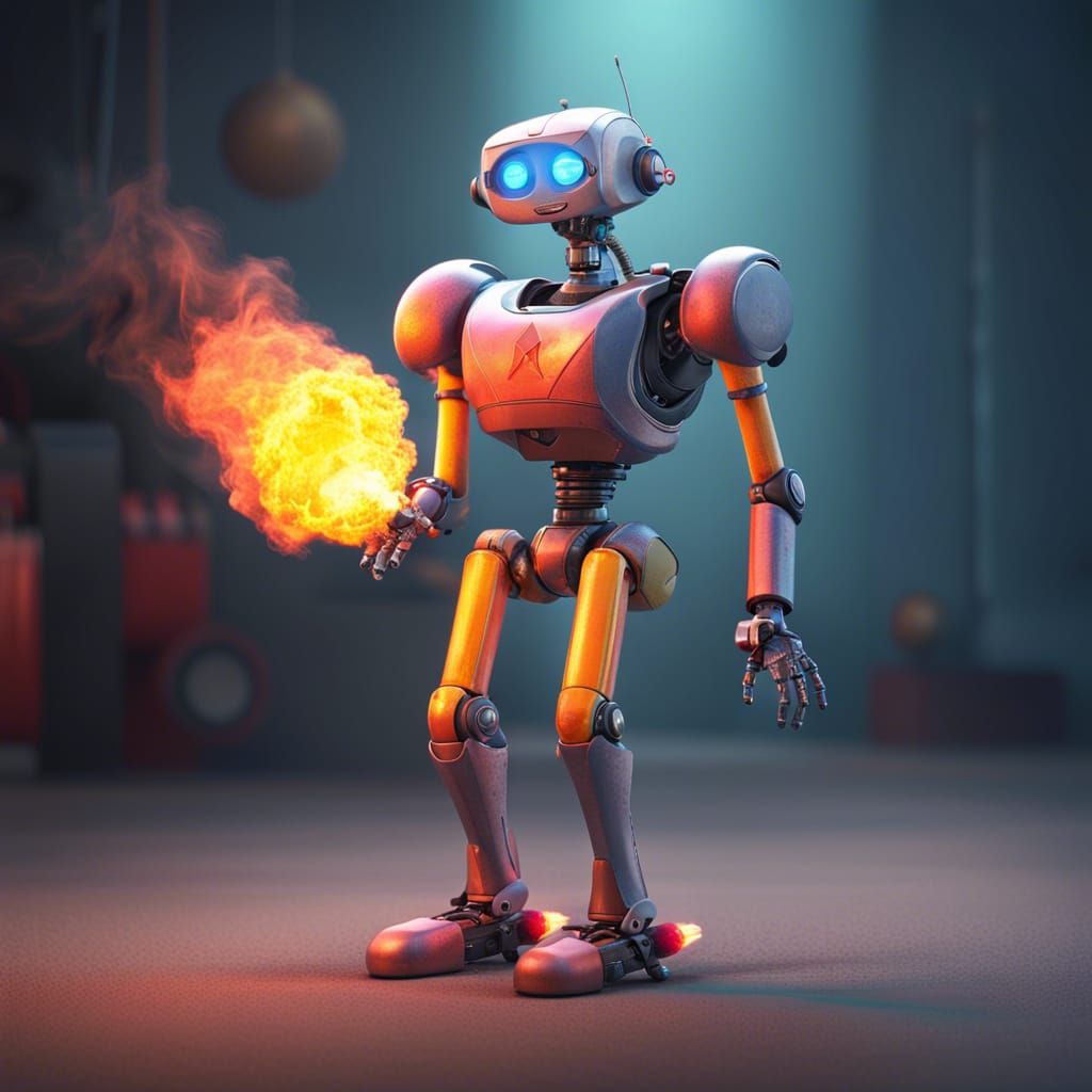 Robot with Flamethrower: Pixar Style 3D Art
