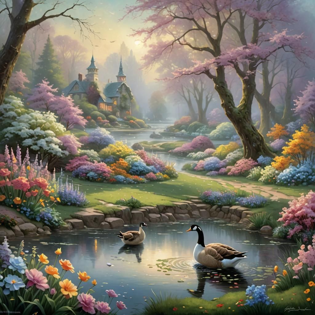 Goose in Spring Landscape: Ethereal Fantasy Art