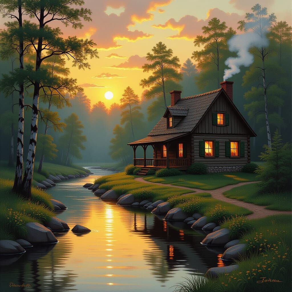 Cozy Cabin by Stream in Golden Hour Pastoral Landscape