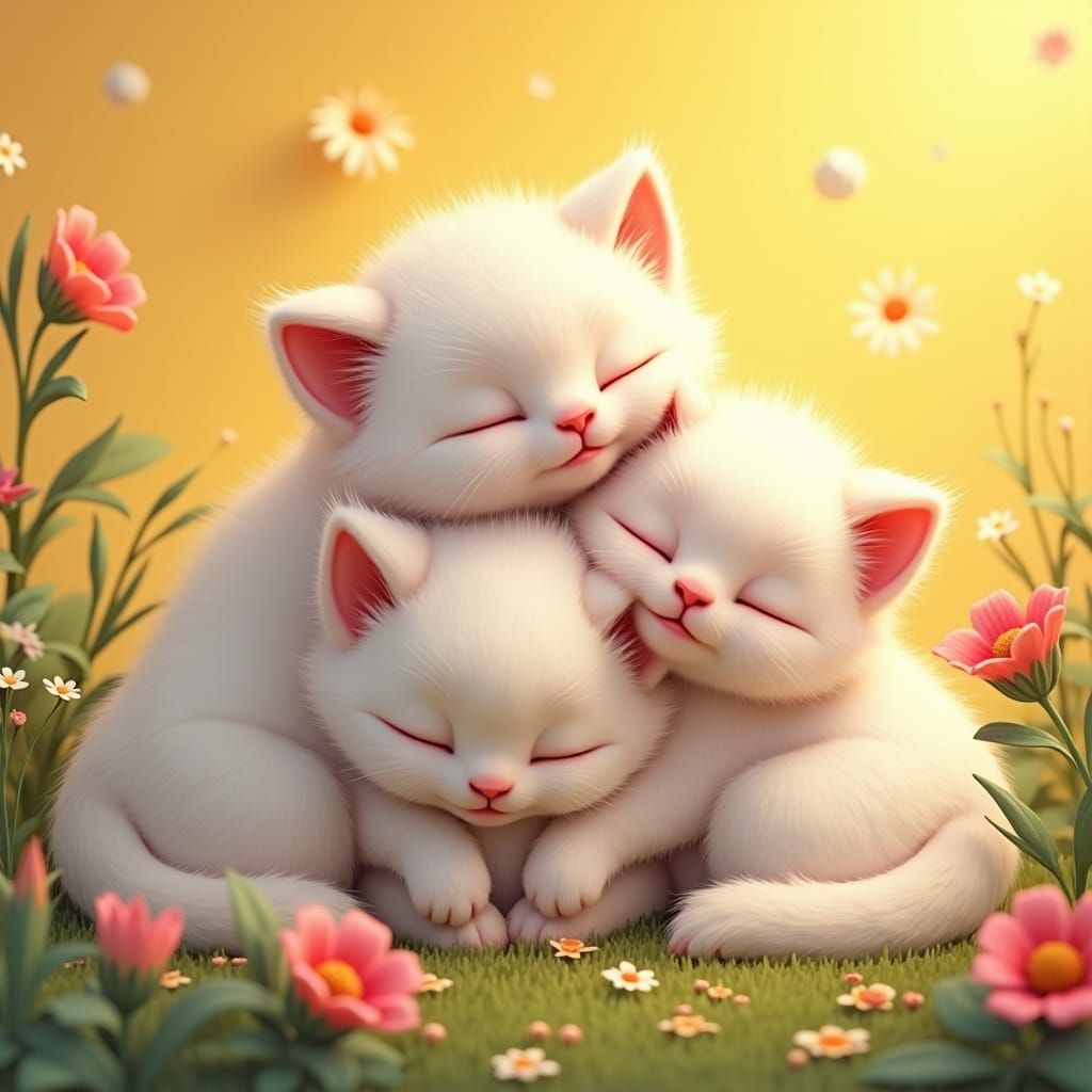 Group of 3 adorable animated kittens with hypnotic, plush, soft-as-silk fluffy fur, gathered in a lush, vibrant, and whi...