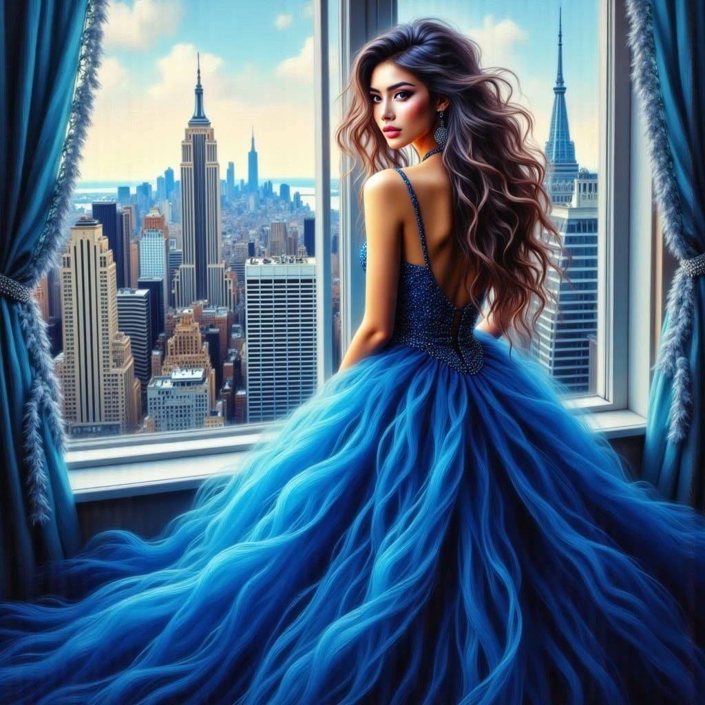 Elegant Woman in Blue Dress Double Exposure